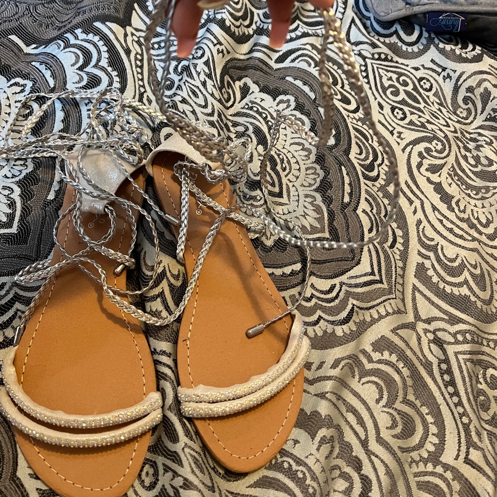 Silver rhinestone tie up Hercules string sandals